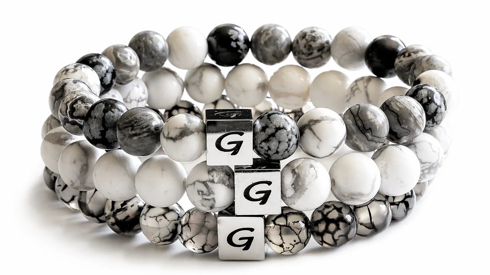 Black & White Triple Set natuursteen armband set met drie armbanden