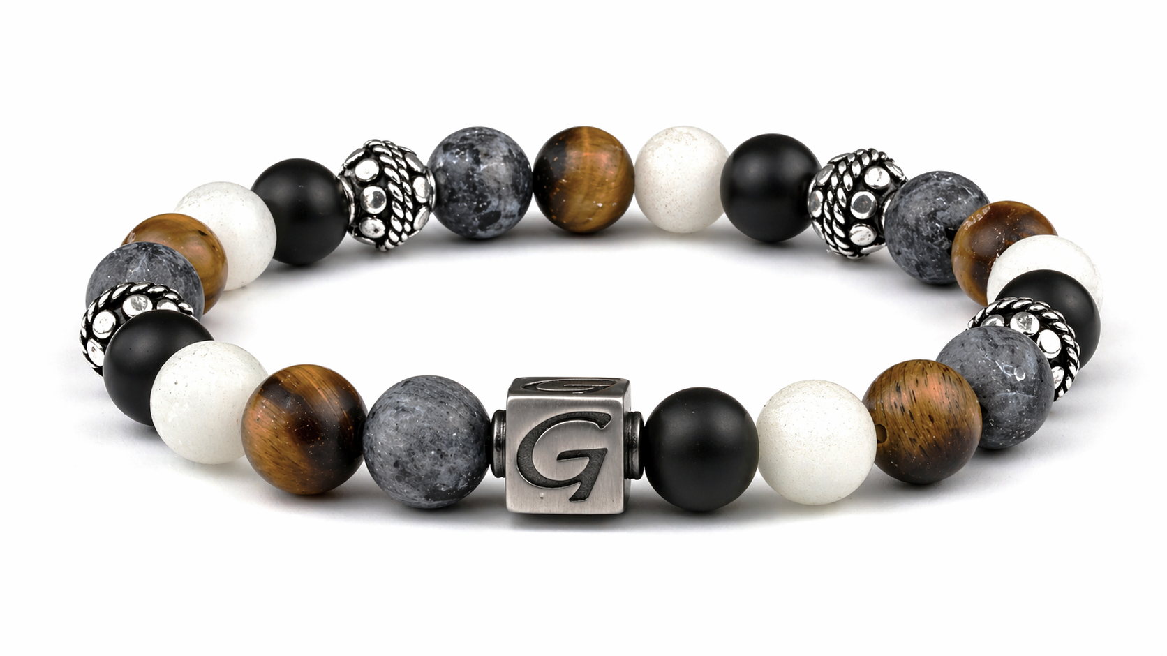 Mountain Cliff Silver armband met natuursteen kralen en zilverkleurige details
