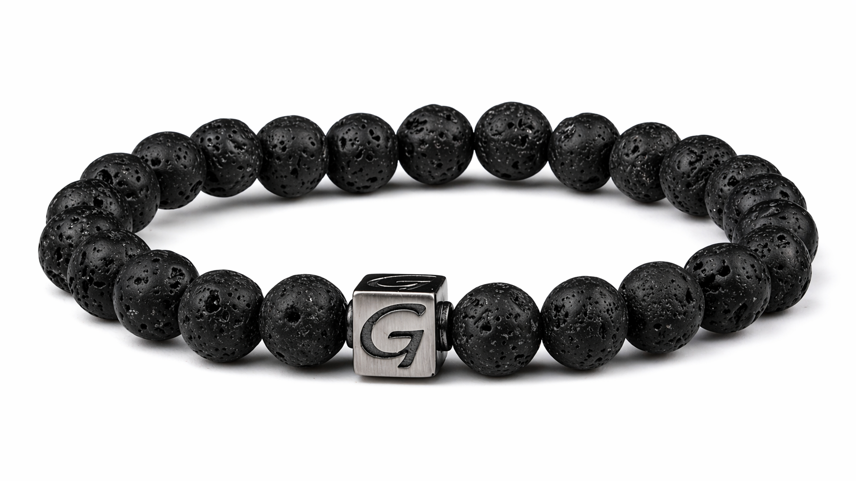 Black Volcanic armband met natuursteen kralen en RVS Logo